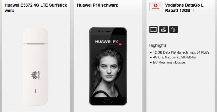 Huawei P10 Smartphone + Huawei E3372 LTE Surfstick + Vodafone Datentarif DataGO L 12GB LTE (max. 500Mbit/s) für 27,99€ mtl.