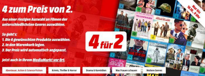 Media Markt: 4 Blu rays o. DVDs zum Preis von 2