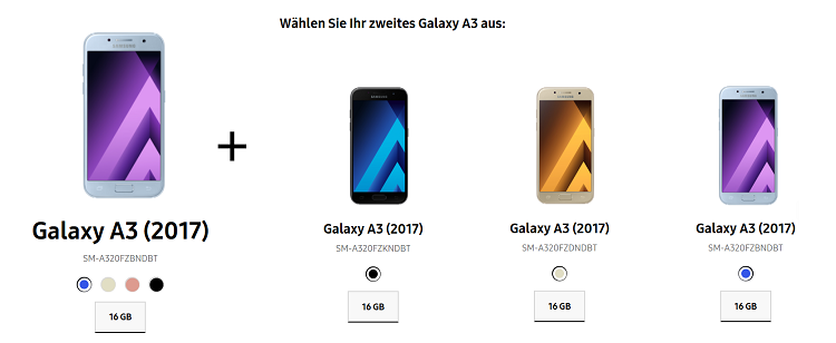 Samsung Galaxy Smartphones im Doppel   bspw. 2 x Galaxy A3 für 299€ oder Galaxy S8 + Galaxy S7 für 799€