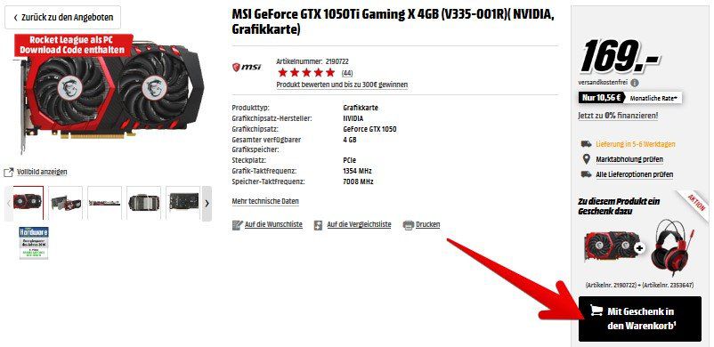 MSI GeForce GTX 1050Ti Gaming X 4GB (V335 001R) + MSI DS501 Headset inkl. Rocket League Download Code für 169€ (statt 198€)