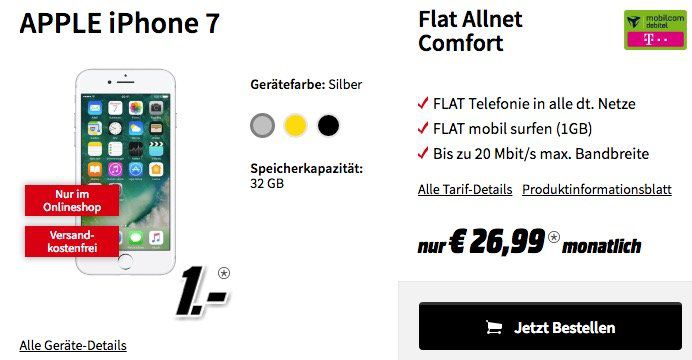 iPhone 7 für 1€ + Telekom Allnet Flat mit 1GB für 26,99€ mtl.