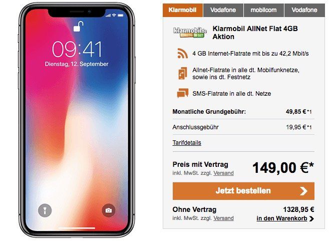 iPhone X 64GB für 149€ + klarmobil Flat mit 4GB für 49,85€ mtl.