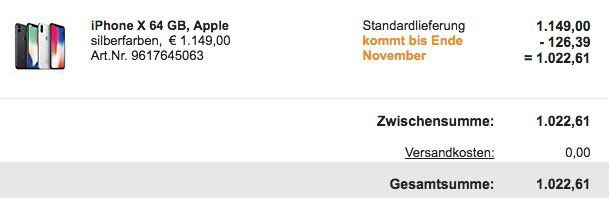 Mit etwas Aufwand: 11% Rabatt auf Elektronik bei Quelle.at   iPhone X 64GB ab 1.031€ (statt 1.149€)