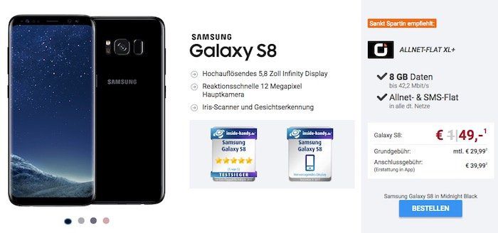 Sankt Spartin Angebote bei Sparhandy   z.B. Vodafone Flat mit 8GB für 29,99€ mtl. + Galaxy S8 nur 49€