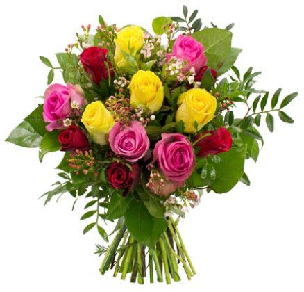 Rosenstrauß Herbstfeuer mit 12 Rosen und Waxflower mit Grün für 19,98€