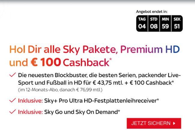 Sky Black Freitag Angebot   alle Pakete mit HD / Ultra HD für 43,75€ + 100€ Cashback + Sky Pro UHD Receiver gratis