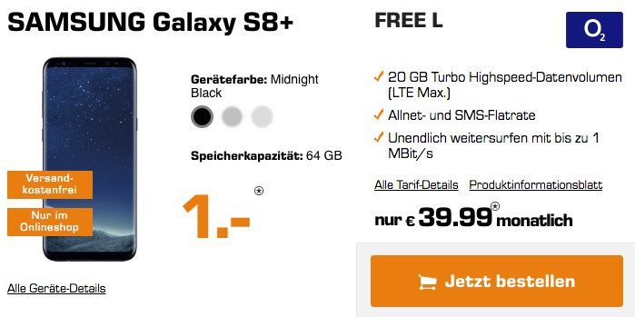 TOP! o2 Free L mit 20GB LTE für 39,99€ mtl. + Samsung Galaxy S8 Plus für 1€