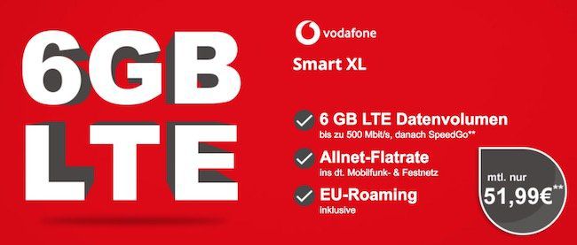 Vodafone Smart XL mit 6GB LTE statt 4GB für 51,99€ mtl. + TOP Smartphone (iPhone X uvm.)