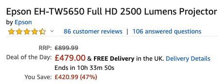 Epson EH TW5650   Full HD 3D Beamer für 561€ (statt 758€)