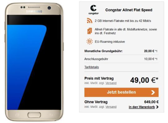 Samsung Galaxy S7  + Congstar AllNet + 2 GB bis zu 42 Mbit/s für 22,46€ mtl.