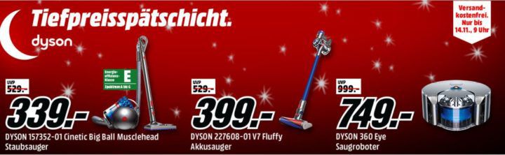 Media Markt Dyson Tiefpreisspätschicht: z.B. DYSON 360 Eye Staubsaugerroboter statt 1.004€ für 749€