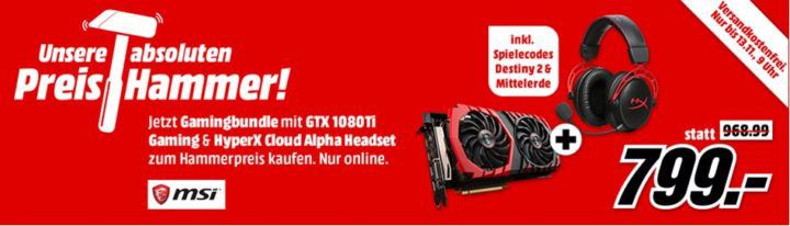 MSI GTX1080Ti Grafik Karte + HYPERX Gaming Headset inkl. Spielecodes für Destiny 2 + Mittelerde für 799€