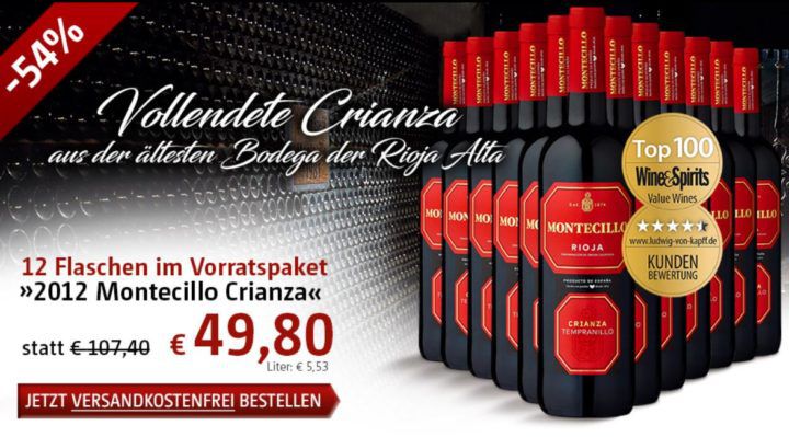 Montecillo Crianza   12 Flaschen spanischer Rotwein für nur 49,80€