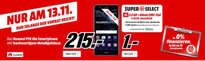 Huawei P10 light für 215€ oder mit O2 AllNet + SMS Flat + 5,5 GB Daten für 19,99€ mtl.