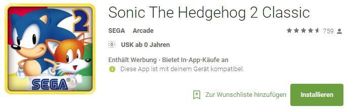 Sonic The Hedgehog 2 Classic (Android, iOS) gratis statt 3,49€