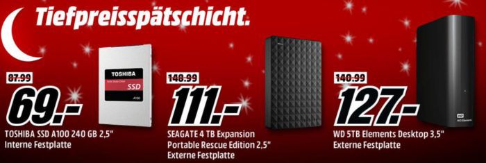 Media Markt Speicher Tiefpreisspätschicht: z.B. TOSHIBA 240 GB SSD statt 89€ für 69, €