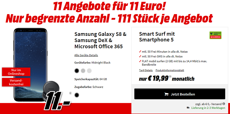 TOP! Media Markt Singles Days Verträge in der Übersicht   z.B. Galaxy S8 für 11€ + Vodafone Flat mit 2GB für 19,99€ mtl.