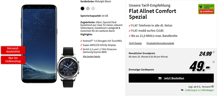 Knaller! Galaxy S8 + Galaxy Gear S3 Blue X Edition + zusätzliches Band für 49€ (statt 809€) + Vodafone Flat mit 1 GB für 24,99€ mtl.