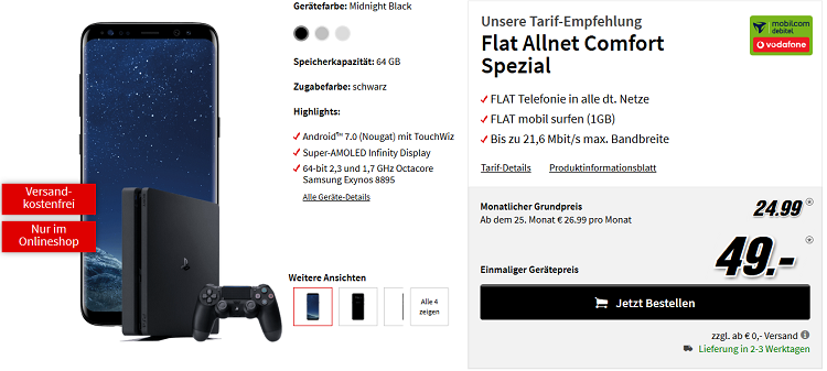 Samsung Galaxy S8 + PlayStation 4 Slim (500 GB) für 49€ + Vodafone Allnet Flat mit 1 GB Datenvolumen für 24,99€ mtl.