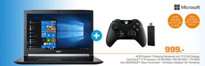 ACER Aspire 7   17,3 Zoll Gaming Notebook mit i7, GeForce 1050 und XBox Wireless Controller statt 1.258€ für 999€