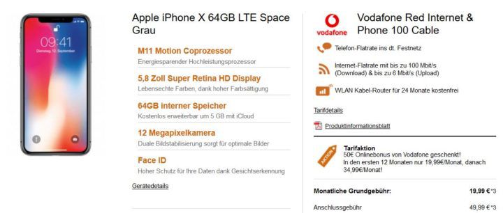 iPhone X für 869€ + Vodafone Kabel DSL bis 400Mbit/s inkl. Router & Festnetzflat ab 27,49€ mtl.