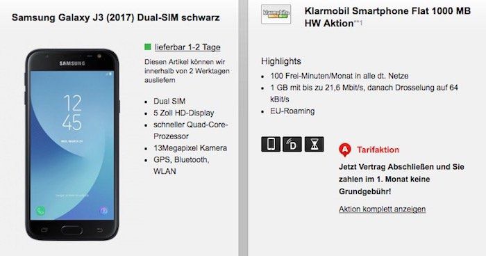 Samsung Galaxy J3 (2017) für 9,99€ + Vodafone 100 Frei Minuten + 1GB von klarmobil für 9,99€ mtl.