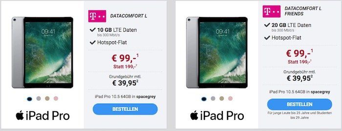 iPad Pro 10,5 Zoll mit 64GB für 99€ + Telekom 10GB LTE Datentarif mit Hotspot Flat für 39,95€ mtl.   mit Friends Option sogar 20GB!
