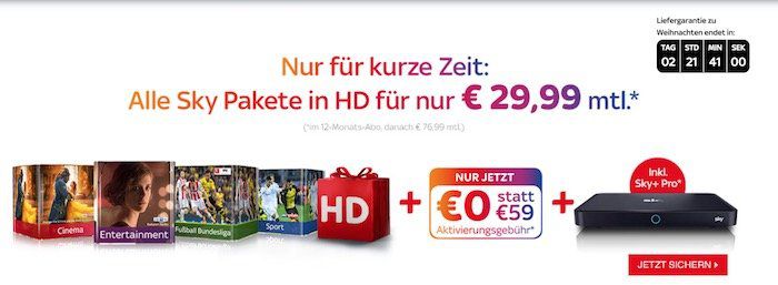 Sky komplett (Entertainment, Buli, Sport, Cinema) + HD Paket + UHD Pro Receiver nur 29,99€ mtl.