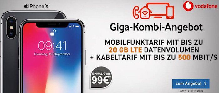 iPhone X für 99€ + Vodafone Red M mit 14GB LTE + Vodafone Red DSL mit 500 Mbit/s für 76,40€ mtl.