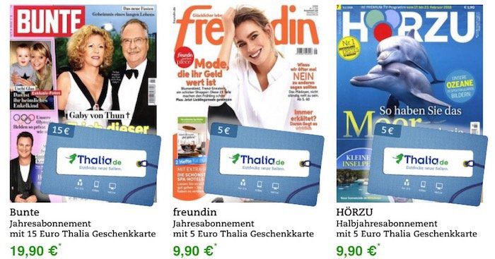 Knaller! Zeitschriften Abos mit Thalia Gutscheinprämien   z.B. 1 Jahr Bunte nur 19,90€ + 15€ Gutschein