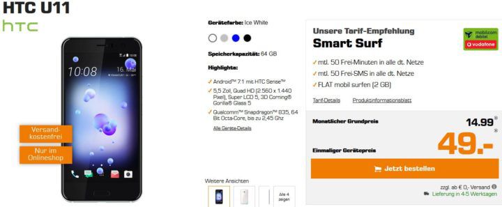 Knaller! HTC U11 Smartphone + Vodafone 50 Min./Sms + 2GB Daten für nur 19,70€ mtl. (Wert 528€)