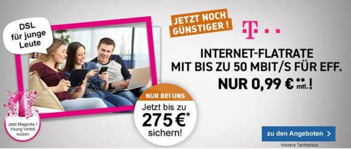 Top! Telekom DSL Verträge für Junge Leute mit Magenta Vorteil ab eff. 1,41€ mtl.
