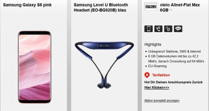 Samsung S8 mit Vodafone Otelo AllNet + SMS Flat + 6 GB Daten + Samsung Level U Bluetooth Headset für 29,99€ mtl.