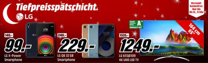 Media Markt LG Tiefpreisspätschicht   günstige Phones & Fernseher z.B. LG 60UJ6309  60Zoll UHD TV für 849€