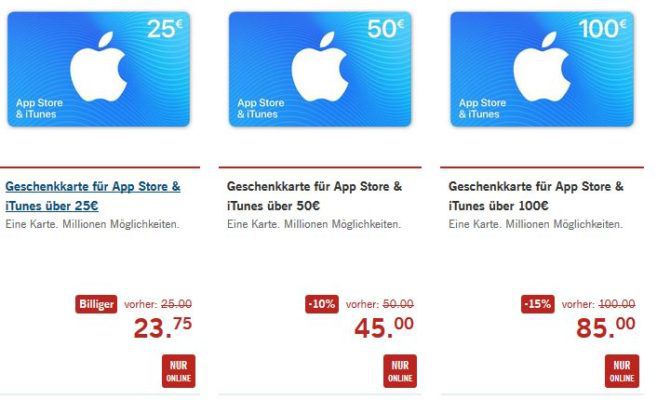 LIDL: iTunes Geschenkkarten Online mit bis zu 15% Rabatt   z.B. 100€ Aufladung für 85€
