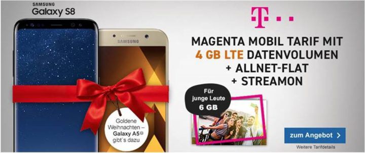 Samsung S8 + Galaxy A5 (2017) + Magenta M AllNet & SMS Flat + 4GB LTE + Hotspot für eff. 55,32€ mtl.
