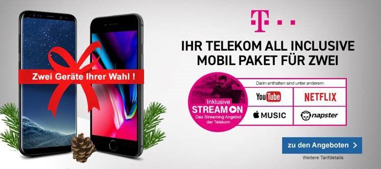 2 x iPhone 8 + 2 x Magenta M Allnet & SMS Flat + 4GB LTE + StreamOn + Hotspot für zusammen 100,19€ mtl.