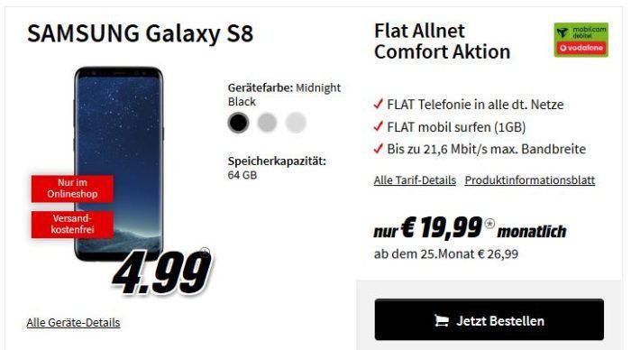 Media Markt Best Of Samsung: Top Bundles z.B. SAMSUNG Galaxy S 8 für 4,99€ + Vodafone AllNet Flat + 1 GB Daten für 19,99€