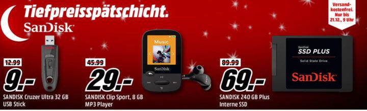 Media Markt SanDisk Tiefpreisspätschicht   günstiger Speicher z.B. SANDISK 240 GB Plus SSD für 69€