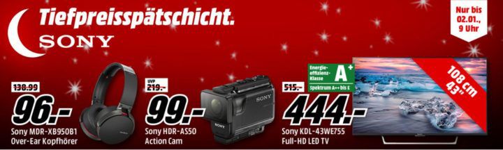 Media Markt SONY Tiefpreisspätschicht   günstige TVs, Kopfhörer, Action Cams   z.B. SONY SmartBand 2 SWR12 für 35€