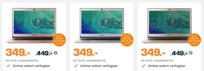 ACER Swift 1   13.3 Zoll Notebook mit Intel N4200, 4GB RAM 64GB eMMC für 349€