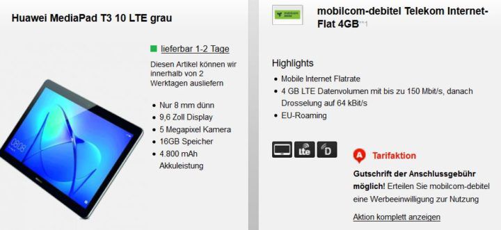 Huawei MediaPad T3 10 LTE  Tablet + 4 GB oder 10 GB Telekom LTE Flat ab 12,90€ mtl.