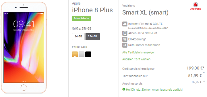 iPhone 8 Plus mit 64 GB für 19€ + Vodafone Smart XL mit 6GB LTE für 52,78€ mtl.