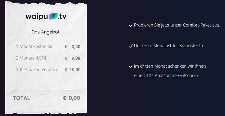 3 Monate waipu.tv für 9,98€ + 10€ Amazongutschein