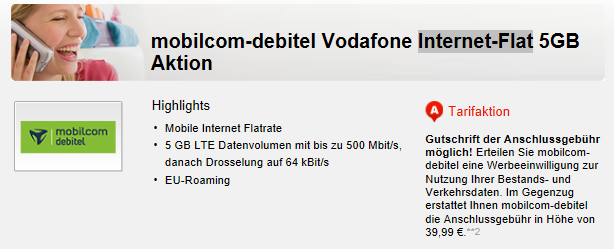 Vodafone Internet Flatrate mit 5 GB Daten für nur 7,99€ mtl.