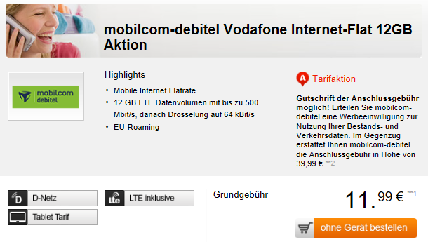 Vodafone Internet Flatrate mit 12GB LTE Daten für 11,99€ mtl.