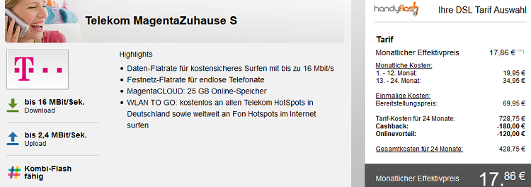 Telekom Magenta Zuhause S, M o. L dank Cashback ab 14,95€ mtl.