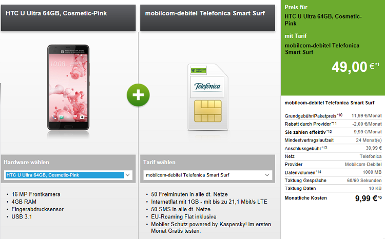 Verschiedene Smartphones   z.B. HTC U Ultra mit 64 GB für 49€ + o2 Smart Surf mit 50 Min + SMS + 1GB für 9,99€ mtl.