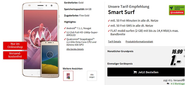 Motorola Moto Z2 Play + JBL Soundboost 2 + Lenovo Moto G5 für 1€ + Vodafone 50 Min/SMS + Flat mit 2 GB für 16,99€ mtl.