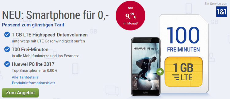 GMX Tarif mit 100 Freiminuten + 1 GB LTE + Huawei P8 Lite (2017) für 10,40€ mtl.